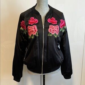 Floral Embroidered Satiny Bomber Jacket, Size M